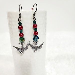 2/$10 Boho Style Earring Bird Charm Pink/Teal/Slv